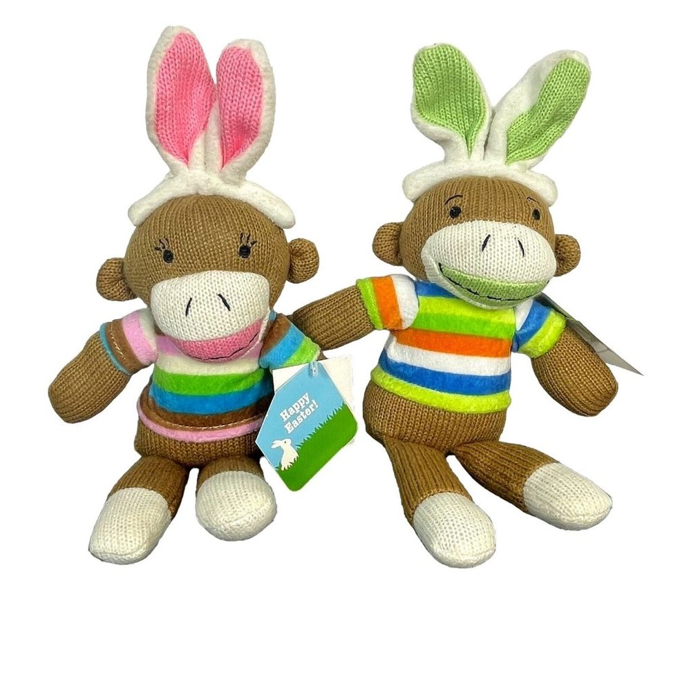Dan Dee Lot of 2 Sock Monkey Plush Stuffed Animal Easter Bunny Ears Knit 11”